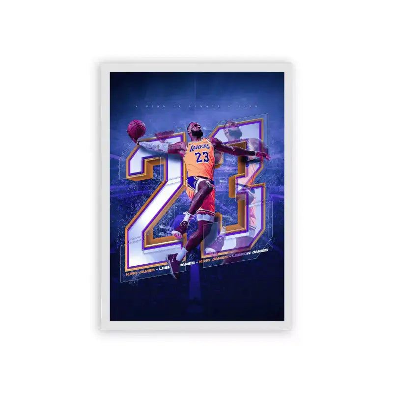 Basketball 'The Iconic 23' Framed Poster White Hard Fiber Dynamic basketball player in action, leaping for a slam dunk in front of a stylistic number 23 with a vibrant purple and gold backdrop, capturing the energy of the game in posters.