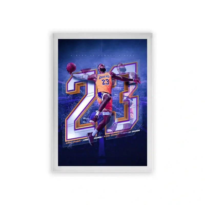 Basketball 'The Iconic 23' Framed Poster White Premium Wood Dynamic basketball player in action, leaping for a slam dunk in front of a stylistic number 23 with a vibrant purple and gold backdrop, capturing the energy of the game in posters.