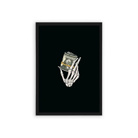 Money 'Skeletal Cash' Framed Poster Black Hard Fiber Skeletal hand holding a wad of cash framed as a poster against a dark background.