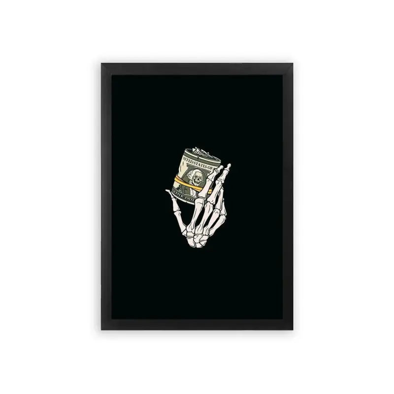 Money 'Skeletal Cash' Framed Poster Black Premium Wood Skeletal hand holding a wad of cash framed as a poster against a dark background.