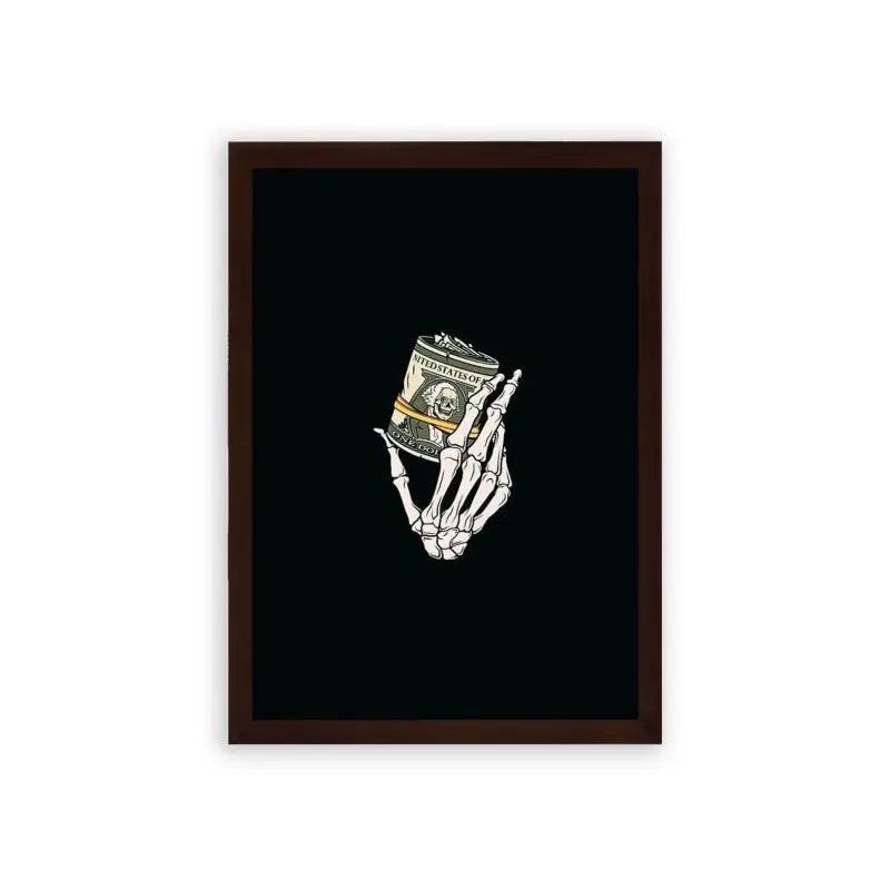 Money 'Skeletal Cash' Framed Poster Brown Premium Wood Skeletal hand holding a wad of cash framed as a poster against a dark background.