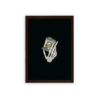 Money 'Skeletal Cash' Framed Poster Brown Premium Wood Skeletal hand holding a wad of cash framed as a poster against a dark background.