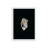 Money 'Skeletal Cash' Framed Poster White Hard Fiber Skeletal hand holding a wad of cash framed as a poster against a dark background.