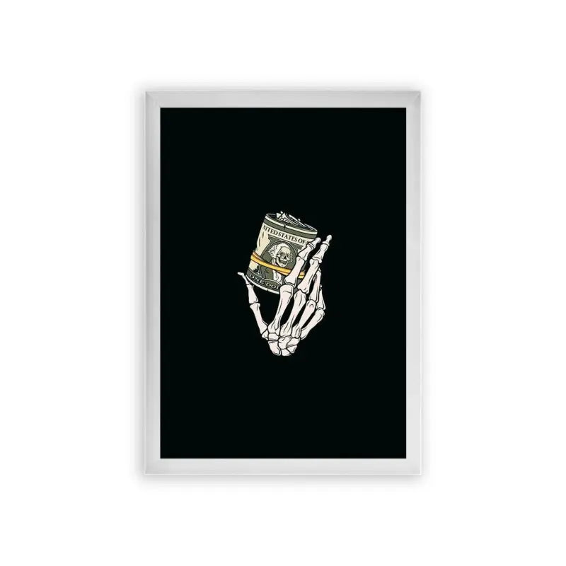 Money 'Skeletal Cash' Framed Poster White Premium Wood Skeletal hand holding a wad of cash framed as a poster against a dark background.