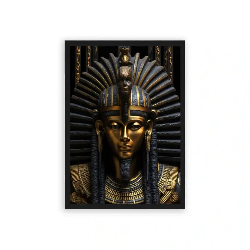 Ancient Egyptian 'Pharaoh's Majestic Visage' Framed Poster Black Hard Fiber A depiction of an ancient egyptian pharaoh's golden mask with intricate headdress and ceremonial adornments, exuding a sense of regal history and timeless craftsmanship.