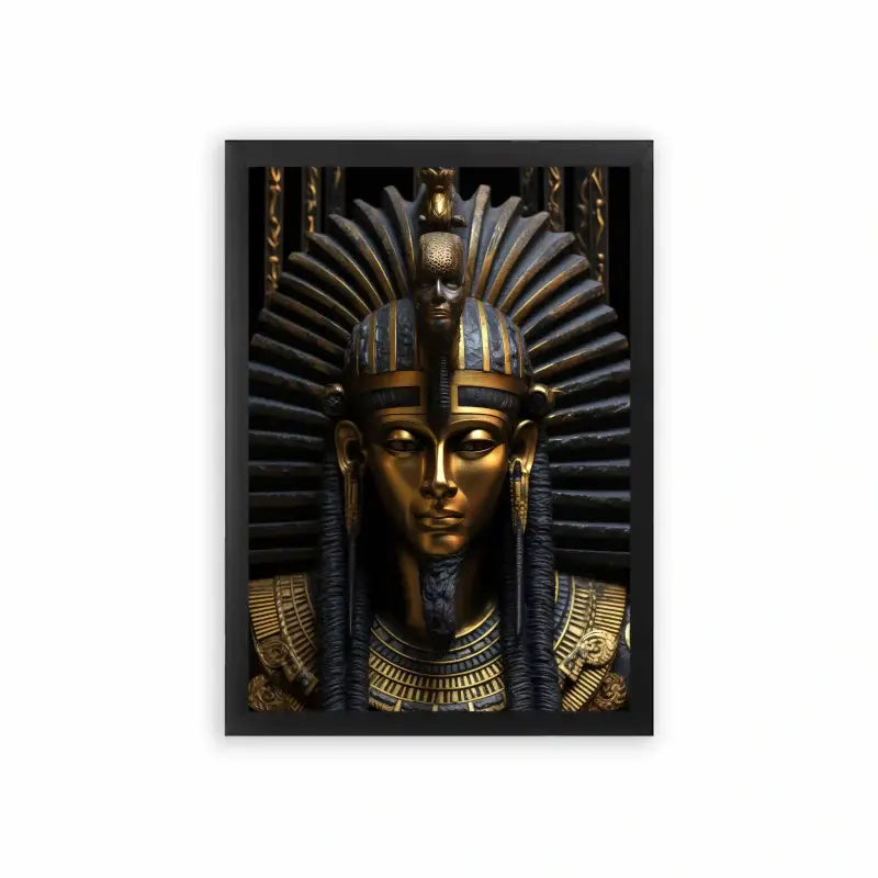 Ancient Egyptian 'Pharaoh's Majestic Visage' Framed Poster Black Premium Wood A depiction of an ancient egyptian pharaoh's golden mask with intricate headdress and ceremonial adornments, exuding a sense of regal history and timeless craftsmanship.