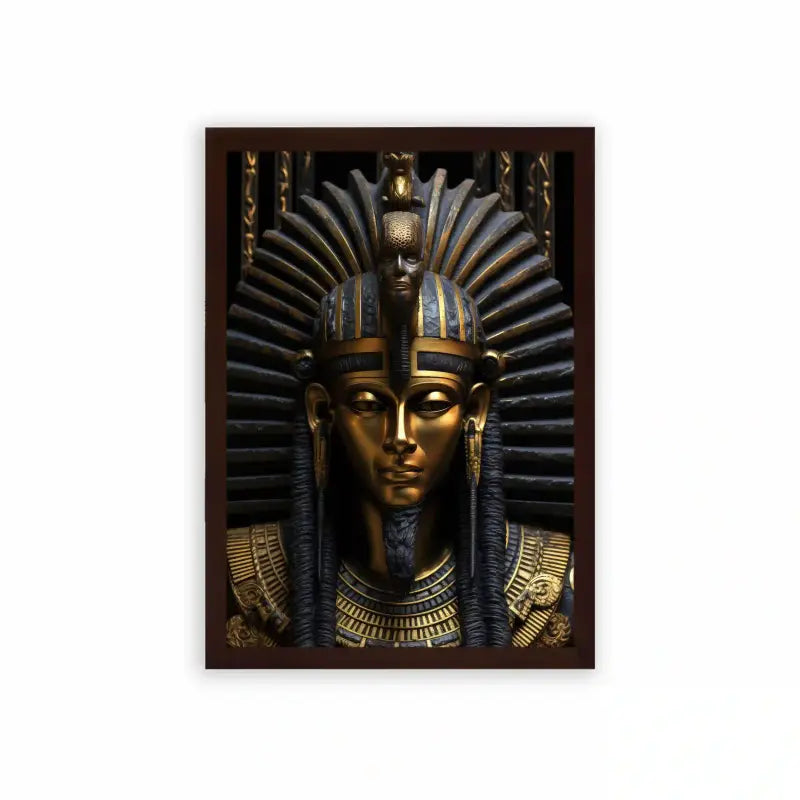 Ancient Egyptian 'Pharaoh's Majestic Visage' Framed Poster Brown Premium Wood A depiction of an ancient egyptian pharaoh's golden mask with intricate headdress and ceremonial adornments, exuding a sense of regal history and timeless craftsmanship.