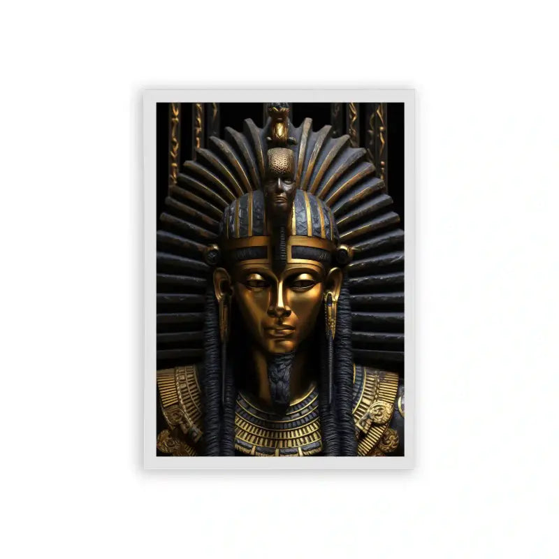 Ancient Egyptian 'Pharaoh's Majestic Visage' Framed Poster White Hard Fiber A depiction of an ancient egyptian pharaoh's golden mask with intricate headdress and ceremonial adornments, exuding a sense of regal history and timeless craftsmanship.