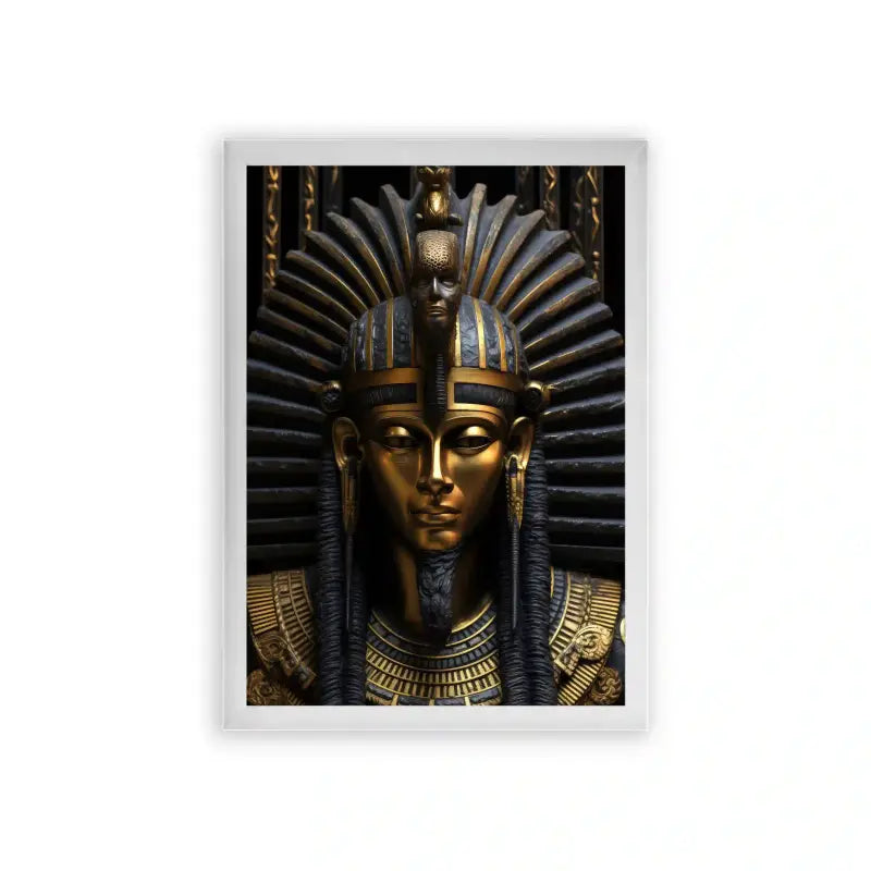 Ancient Egyptian 'Pharaoh's Majestic Visage' Framed Poster White Premium Wood A depiction of an ancient egyptian pharaoh's golden mask with intricate headdress and ceremonial adornments, exuding a sense of regal history and timeless craftsmanship.