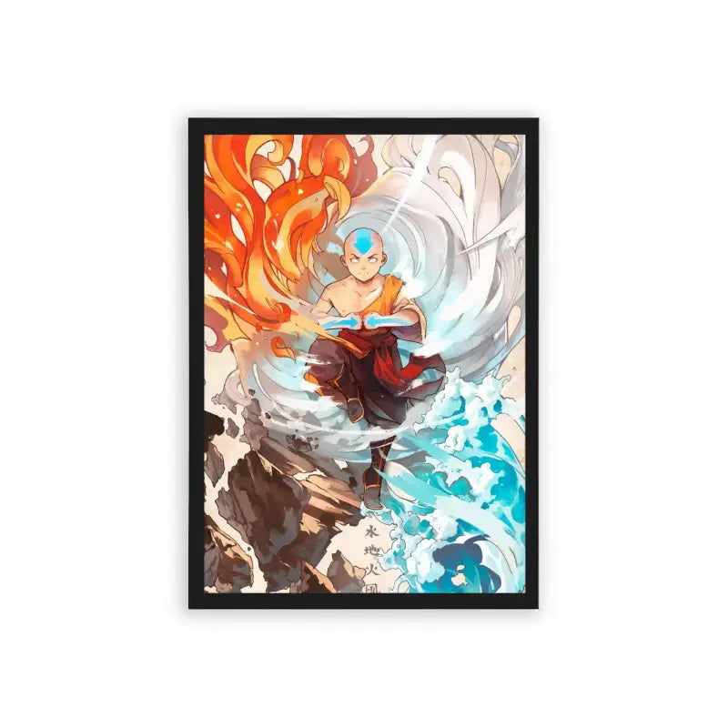 Avatar The Last Airbender 'Elements United' Framed Poster Black Hard Fiber An anime-styled young monk displaying mastery over the elements, surrounded by swirling flames and water in a framed poster, symbolizing balance and power.