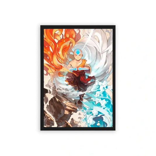 Avatar The Last Airbender 'Elements United' Framed Poster Black Hard Fiber An anime-styled young monk displaying mastery over the elements, surrounded by swirling flames and water in a framed poster, symbolizing balance and power.