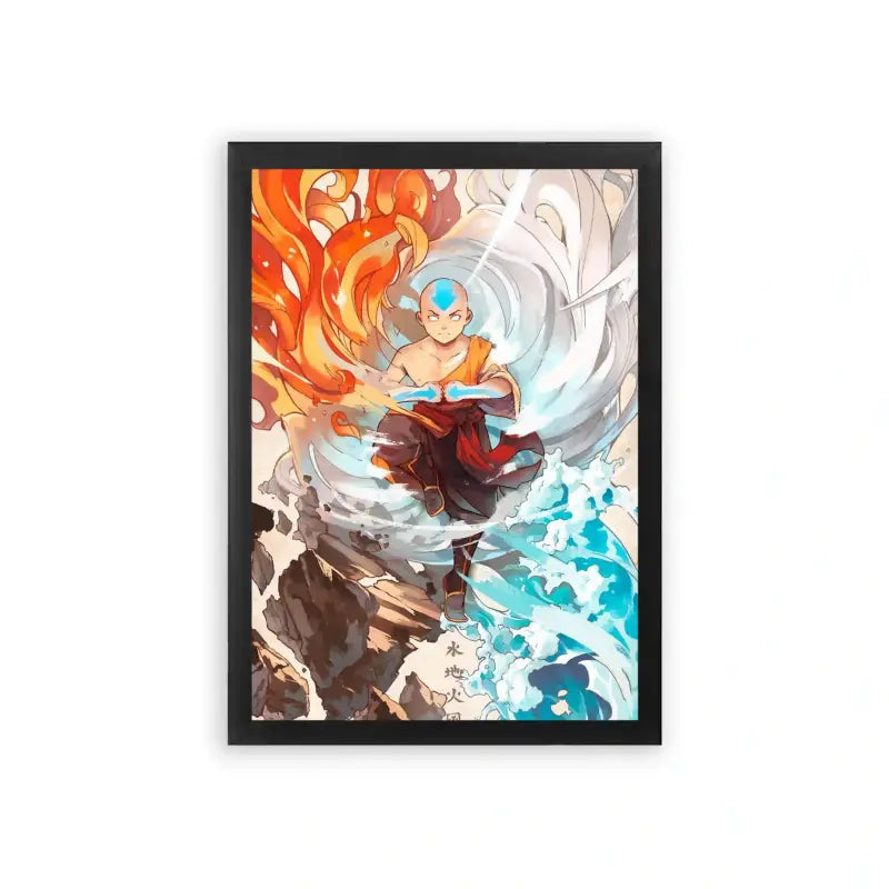 Avatar The Last Airbender 'Elements United' Framed Poster Black Premium Wood An anime-styled young monk displaying mastery over the elements, surrounded by swirling flames and water in a framed poster, symbolizing balance and power.