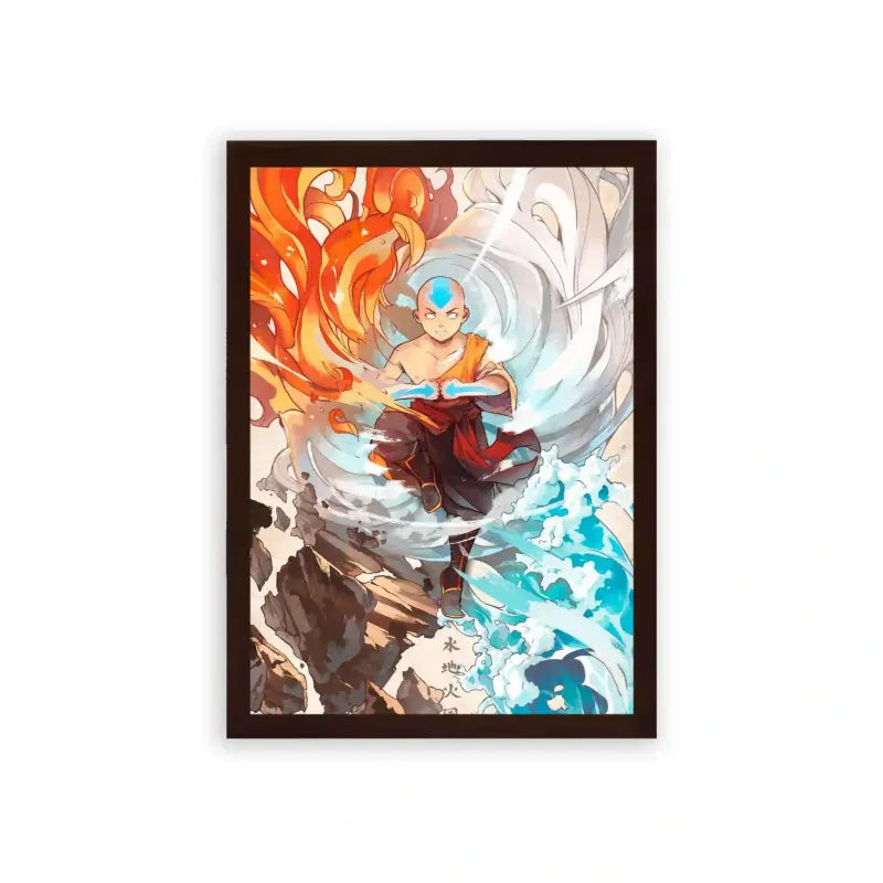 Avatar The Last Airbender 'Elements United' Framed Poster Brown Premium Wood An anime-styled young monk displaying mastery over the elements, surrounded by swirling flames and water in a framed poster, symbolizing balance and power.