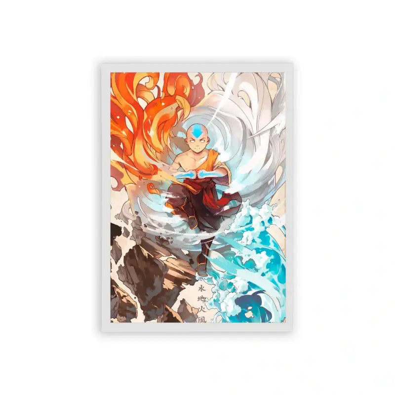 Avatar The Last Airbender 'Elements United' Framed Poster White Hard Fiber An anime-styled young monk displaying mastery over the elements, surrounded by swirling flames and water in a framed poster, symbolizing balance and power.