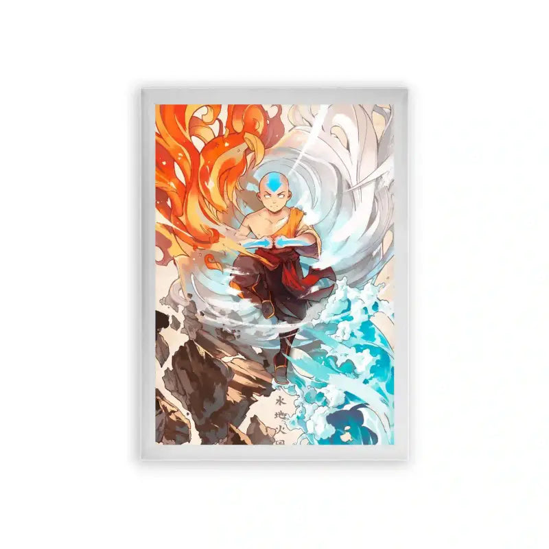 Avatar The Last Airbender 'Elements United' Framed Poster White Premium Wood An anime-styled young monk displaying mastery over the elements, surrounded by swirling flames and water in a framed poster, symbolizing balance and power.