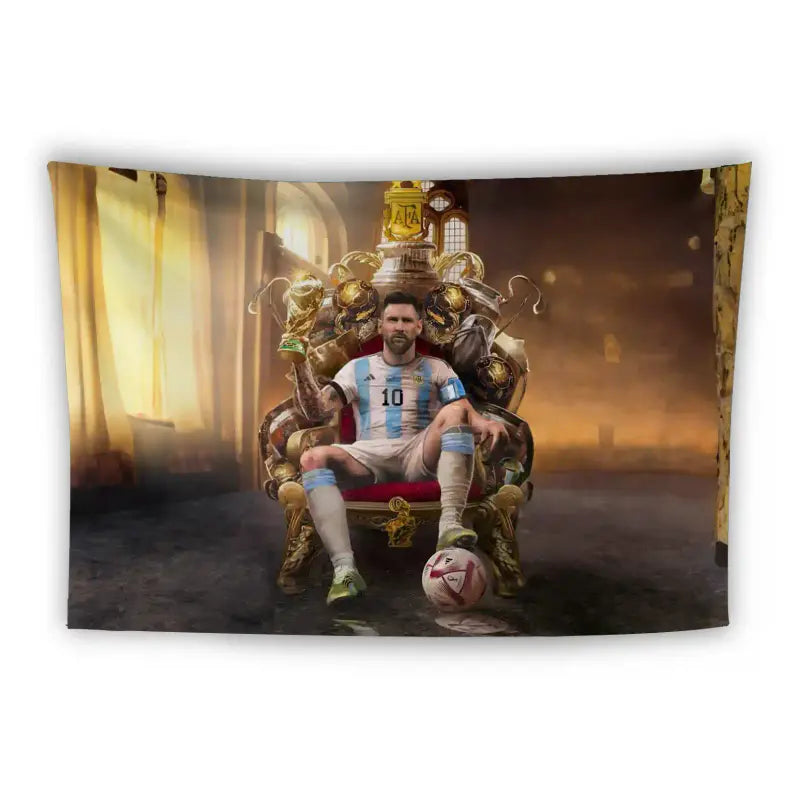 A soccer player wearing an Argentina jersey with the number 10 is seated on a regal, ornate throne. He wears white shorts, white socks, and holds a golden cup. A soccer ball is at his feet. The background is adorned with golden elements and illuminated by warm light.