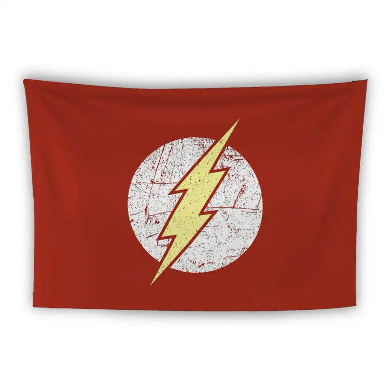 A red banner displays a white circle in the center with a yellow lightning bolt symbol on it. The design has a weathered, distressed look, suggesting wear and vintage style.