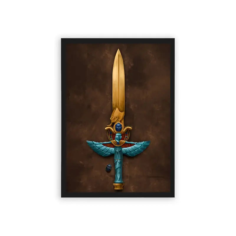 Ancient Egyptian 'Golden Winged Sword' Framed Poster Black Hard Fiber An ornate golden sword with wings and a looped crossguard displayed against a dark backdrop.