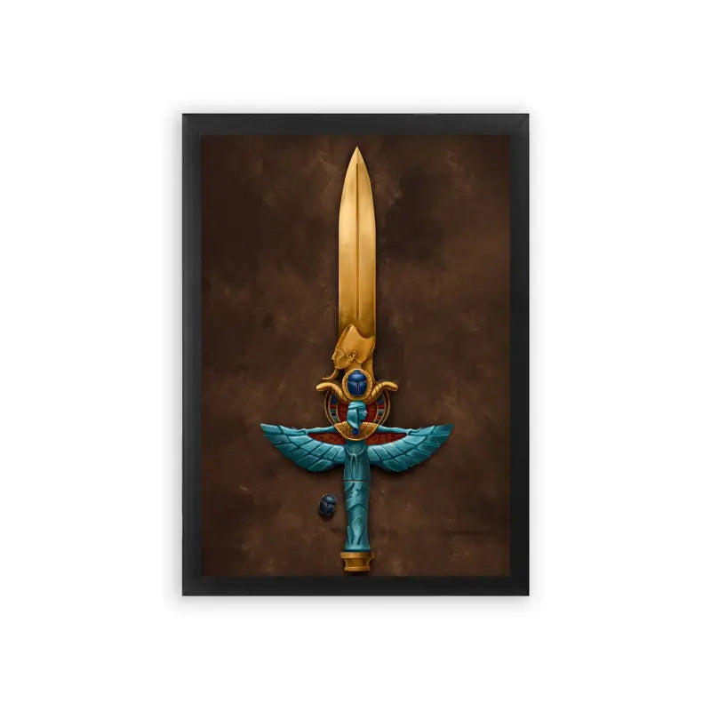 Ancient Egyptian 'Golden Winged Sword' Framed Poster Black Premium Wood An ornate golden sword with wings and a looped crossguard displayed against a dark backdrop.