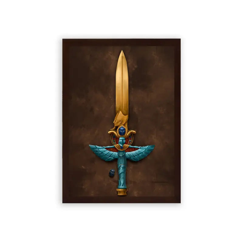 Ancient Egyptian 'Golden Winged Sword' Framed Poster Brown Premium Wood An ornate golden sword with wings and a looped crossguard displayed against a dark backdrop.