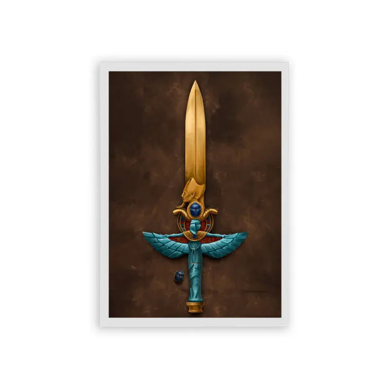 Ancient Egyptian 'Golden Winged Sword' Framed Poster White Hard Fiber An ornate golden sword with wings and a looped crossguard displayed against a dark backdrop.