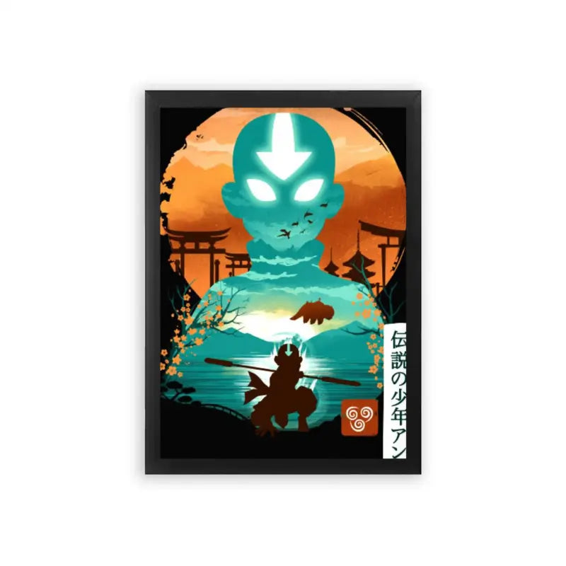 Avatar The Last Airbender 'The Enlightened One' Framed Poster Black Premium Wood A stylized artistic framed poster featuring a silhouetted samurai under a cherry blossom tree, with an imposing alien figure looming in the background against a backdrop of a large moon or planet, all