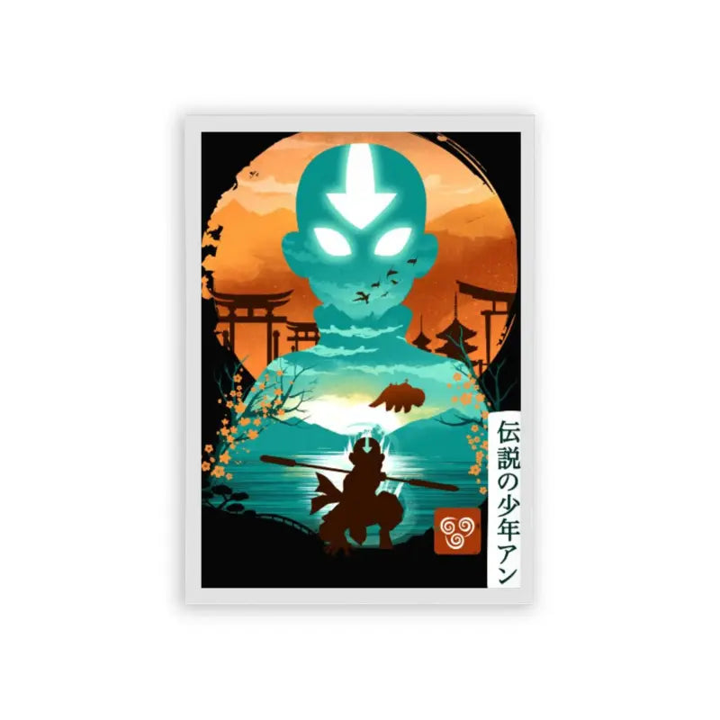 Avatar The Last Airbender 'The Enlightened One' Framed Poster White Hard Fiber A stylized artistic framed poster featuring a silhouetted samurai under a cherry blossom tree, with an imposing alien figure looming in the background against a backdrop of a large moon or planet, all