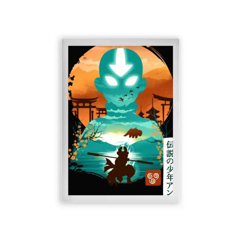 Avatar The Last Airbender 'The Enlightened One' Framed Poster White Premium Wood A stylized artistic framed poster featuring a silhouetted samurai under a cherry blossom tree, with an imposing alien figure looming in the background against a backdrop of a large moon or planet, all