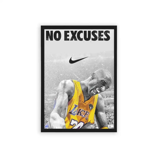 Basketball 'No Excuses' Framed Poster Black Hard Fiber Inspirational sports framed poster featuring a basketball player with the slogan 'no excuses' and the Nike logo, emphasizing determination and resilience.