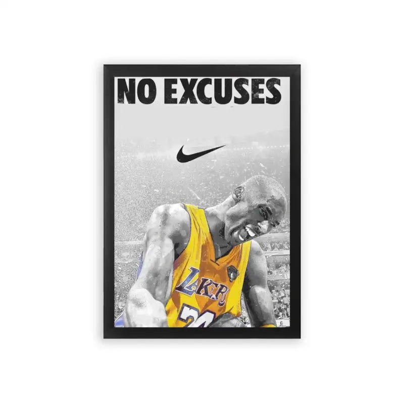 Basketball 'No Excuses' Framed Poster Black Premium Wood Inspirational sports framed poster featuring a basketball player with the slogan 'no excuses' and the Nike logo, emphasizing determination and resilience.