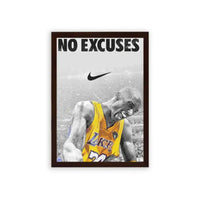 Basketball 'No Excuses' Framed Poster Brown Premium Wood Inspirational sports framed poster featuring a basketball player with the slogan 'no excuses' and the Nike logo, emphasizing determination and resilience.