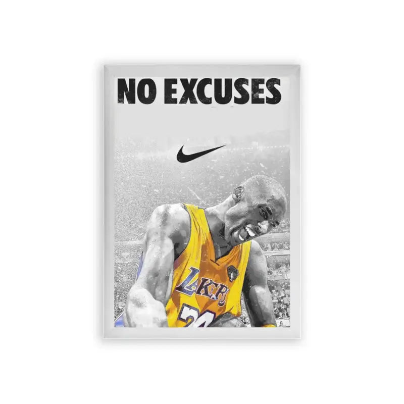 Basketball 'No Excuses' Framed Poster White Premium Wood Inspirational sports framed poster featuring a basketball player with the slogan 'no excuses' and the Nike logo, emphasizing determination and resilience.