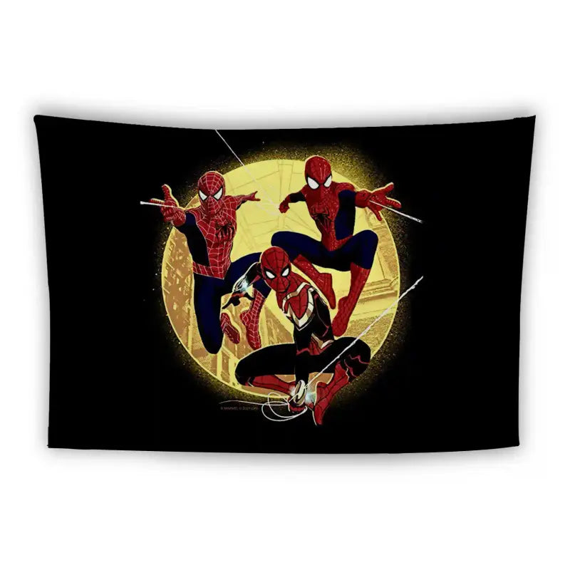 Three Spider-Man characters are shown in dynamic poses against a bright, circular yellow background. Each Spider-Man is in a different iconic suit, with webs extending from their hands. The background is dark, making the characters stand out vividly.