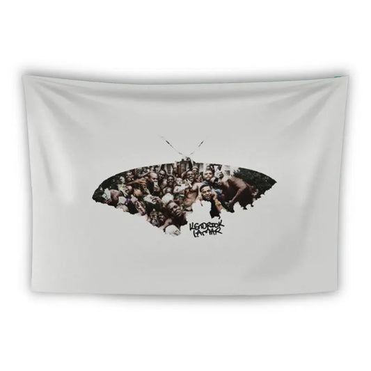 A white tapestry features a large image of a butterfly. Within the butterfly, there is a group of people gathered closely together, with the text "To Pimp A Butterfly" written in black at the bottom center.