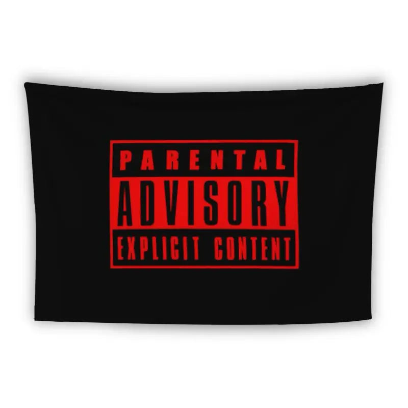 A black rectangular banner with the text "PARENTAL ADVISORY EXPLICIT CONTENT" in bold red letters, enclosed within a red-bordered box, positioned centrally on the banner.