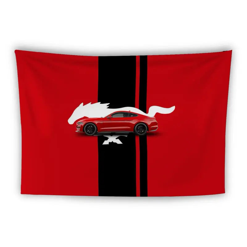 A red flag features a red sports car with a black and white running horse emblem behind it. The flag's background has vertical black and red stripes, giving it a sleek and bold appearance.