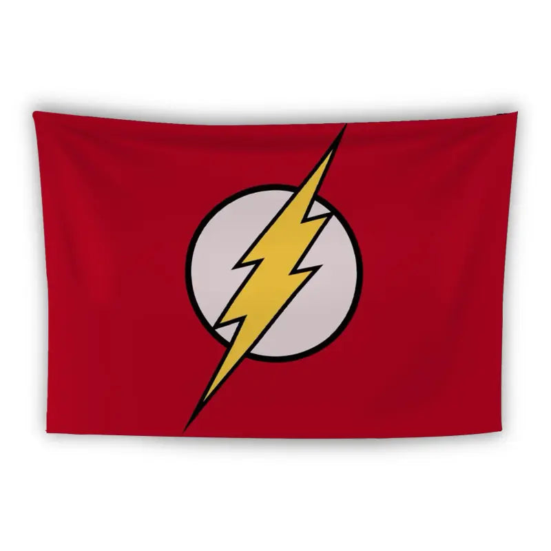 A red flag with a yellow lightning bolt superimposed over a white circle in the center. The design is simple and bold, standing out against the plain red background.