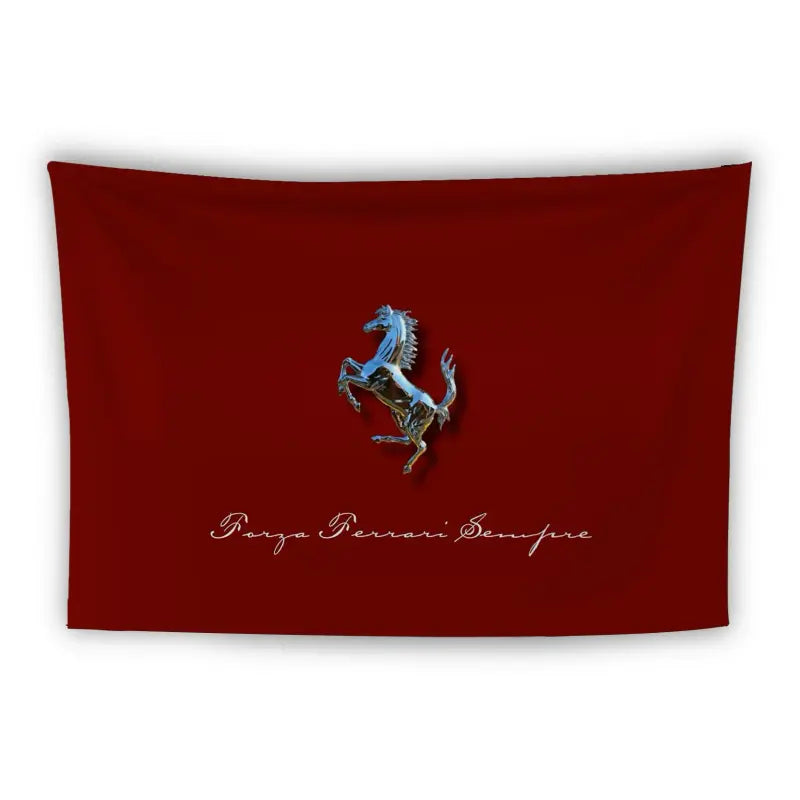 A red flag displays a silver prancing horse logo in the center, which is the emblem of Ferrari. Below the logo, the text reads "Paga Ferrari Sempre" in cursive.