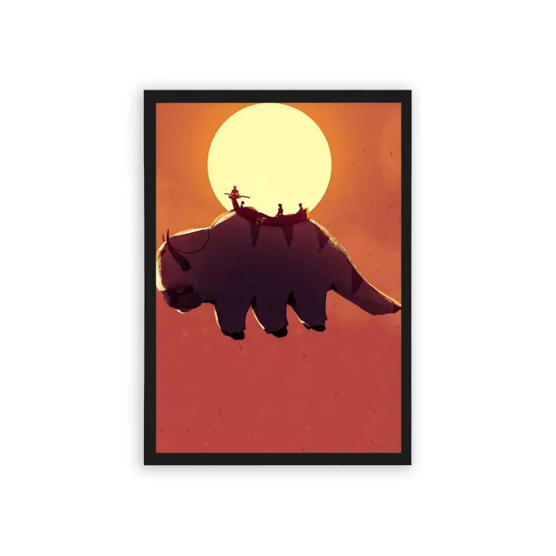 Avatar The Last Airbender 'Shadow Riders' Framed Poster Black Hard Fiber Three adventurers ride atop a giant rhinoceros-like creature, casting long shadows in a dramatic sunset in this captivating anime series.