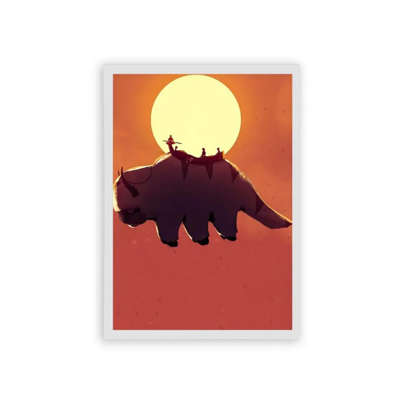 Avatar The Last Airbender 'Shadow Riders' Framed Poster White Hard Fiber Three adventurers ride atop a giant rhinoceros-like creature, casting long shadows in a dramatic sunset in this captivating anime series.