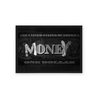 Money 'Money Matters' Framed Poster Black Hard Fiber Stylized monochromatic posters of a one-dollar bill concept with a bold 'money' typography overlay, in frames.