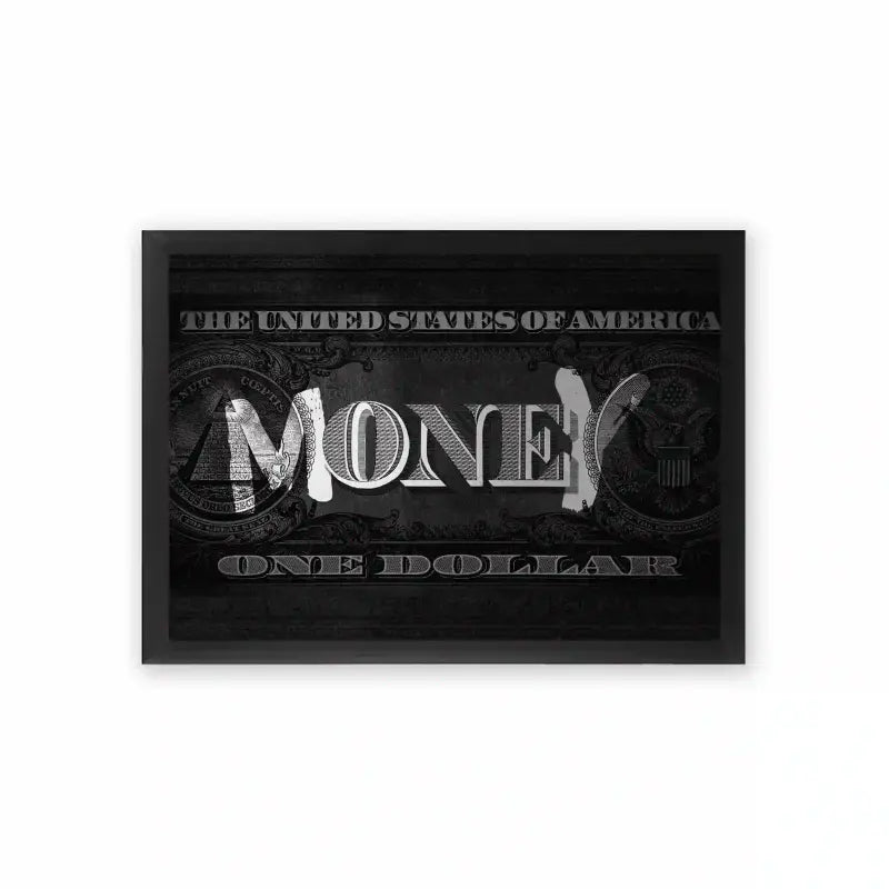 Money 'Money Matters' Framed Poster Black Premium Wood Stylized monochromatic posters of a one-dollar bill concept with a bold 'money' typography overlay, in frames.