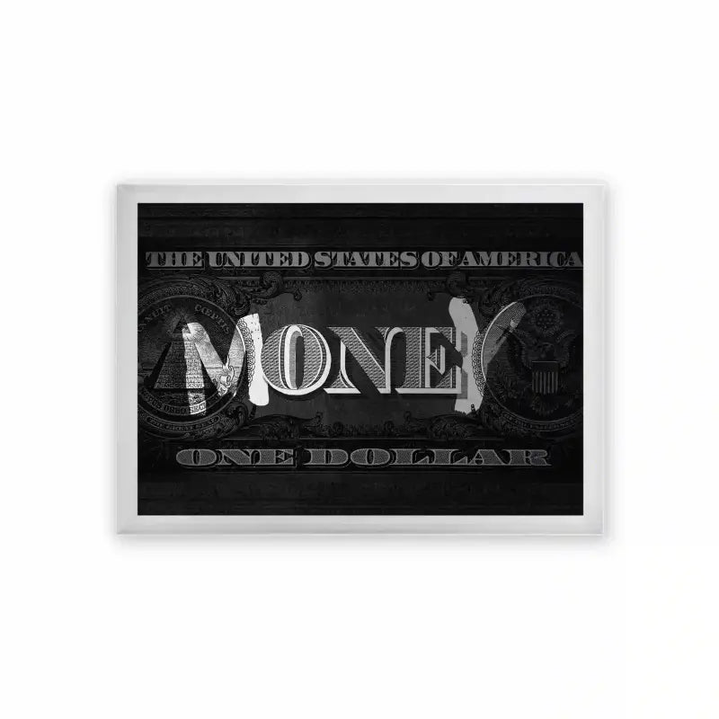 Money 'Money Matters' Framed Poster White Premium Wood Stylized monochromatic posters of a one-dollar bill concept with a bold 'money' typography overlay, in frames.