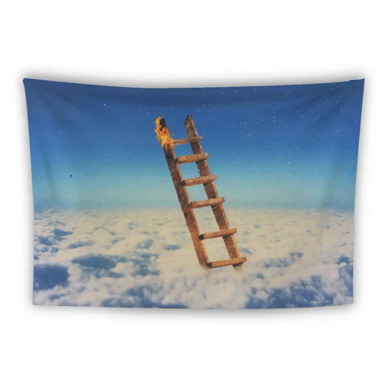 An image depicts a wooden ladder standing upright among clouds, appearing to extend into a blue sky with stars. The top of the ladder is engulfed in flames, creating a surreal and dreamlike scene.