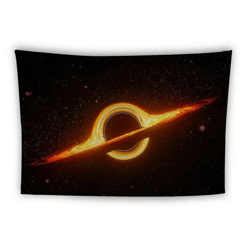 A vivid depiction of a black hole with a glowing, orange-yellow accretion disk against a backdrop of stars. The black hole's gravitational force bends light around it, creating a striking visual contrast between the dark center and the bright, fiery ring.