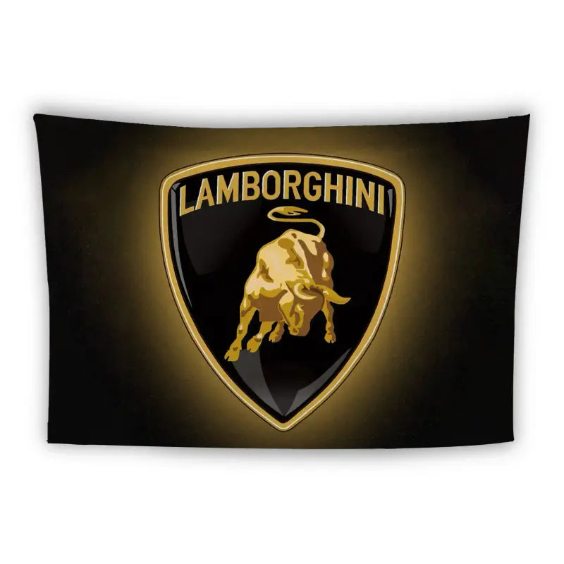 An image of the Lamborghini logo. It features a golden bull in a mid-charge position on a black shield background, with the word "Lamborghini" in gold letters above the bull, all set against a black and gold gradient backdrop.