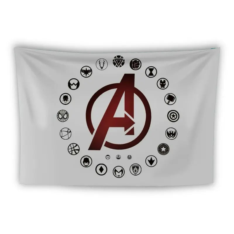 A white tapestry featuring a large red Avengers "A" logo at the center, surrounded by various smaller black superhero and cultural symbols arranged in a circle, including Iron Man's mask, Thor's hammer, Captain America's shield, and other recognizable icons.