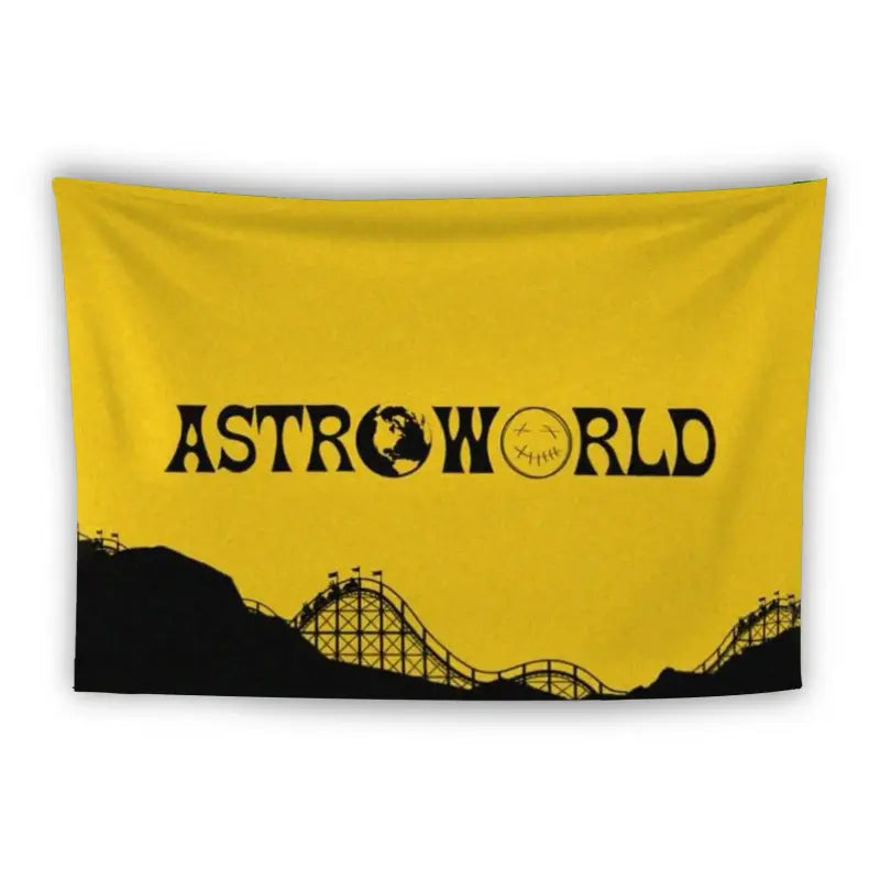 A yellow tapestry featuring the word "Astroworld" in bold black letters, with the "O" replaced by a globe and a distressed smiley face. The lower part of the banner depicts a black silhouette of a roller coaster against the yellow background.