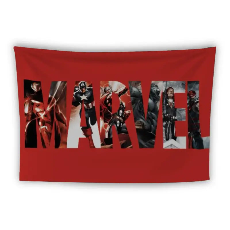 A red banner featuring the word "MARVEL" in bold, uppercase letters. Each letter contains images of popular Marvel superheroes, showcasing characters like Iron Man, Captain America, and Black Widow in dynamic action poses.