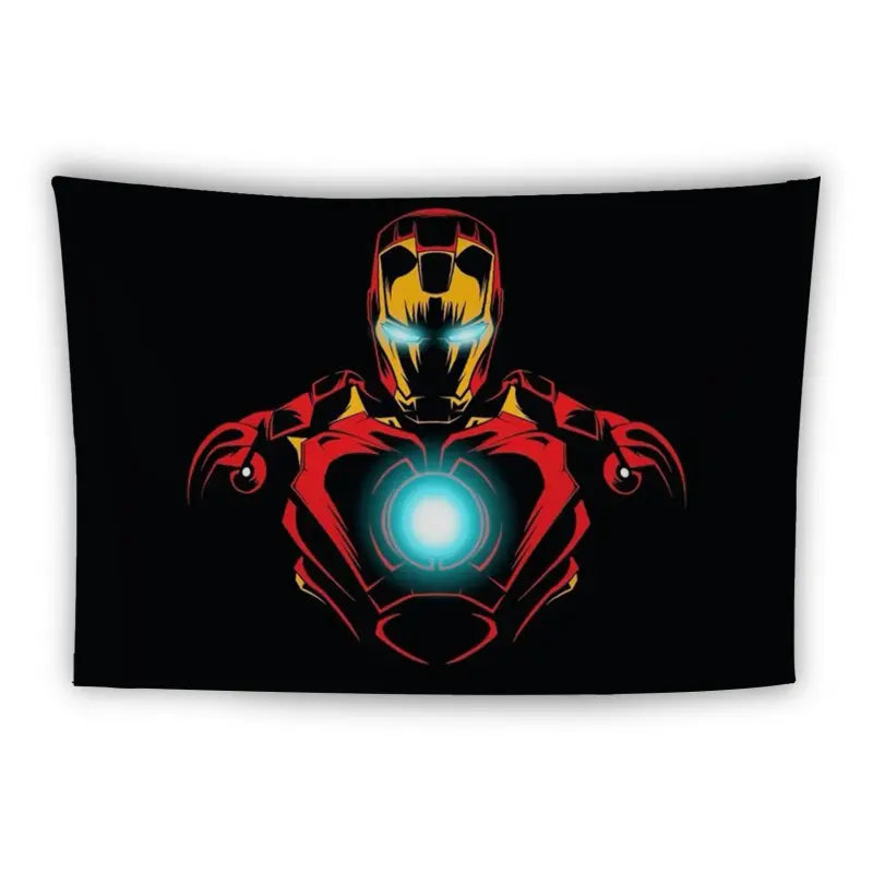 A black tapestry features a stylized illustration of Iron Man in his red and gold armor. His eyes and the arc reactor on his chest are glowing bright blue, creating a striking contrast against the dark background.